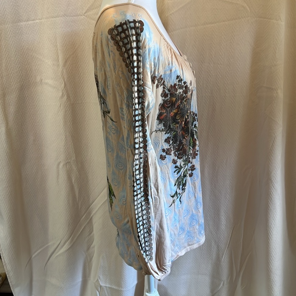 Butterfly dropout🦋Vintage tan/blue peacock feather print with fall floral top. - Picture 9 of 12